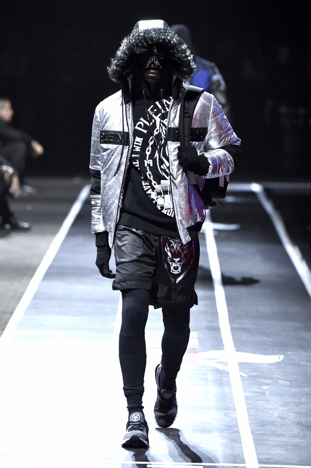 A model walks the runway at the Plein Sport show during Milan Men's Fashion Week Fall/Winter 2017/18 on January 14, 2017 in Milan, Italy.