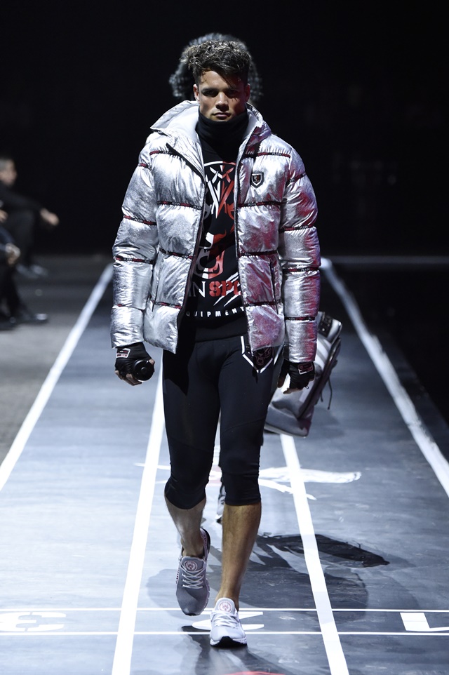 A model walks the runway at the Plein Sport show during Milan Men's Fashion Week Fall/Winter 2017/18 on January 14, 2017 in Milan, Italy.