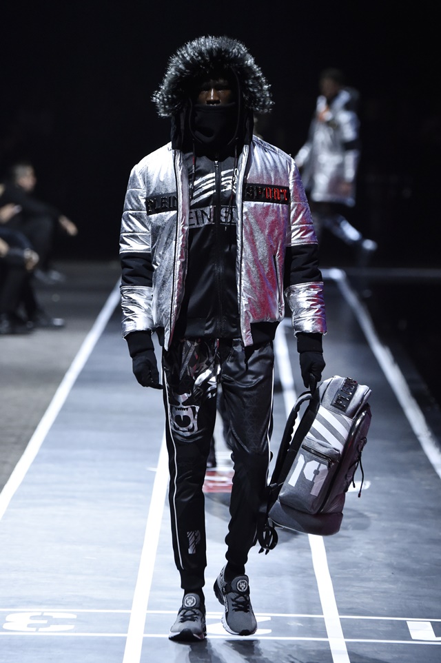 A model walks the runway at the Plein Sport show during Milan Men's Fashion Week Fall/Winter 2017/18 on January 14, 2017 in Milan, Italy.