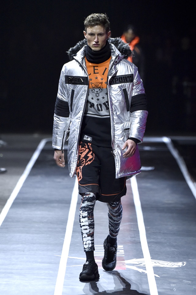 A model walks the runway at the Plein Sport show during Milan Men's Fashion Week Fall/Winter 2017/18 on January 14, 2017 in Milan, Italy.