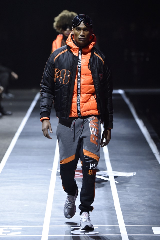 A model walks the runway at the Plein Sport show during Milan Men's Fashion Week Fall/Winter 2017/18 on January 14, 2017 in Milan, Italy.