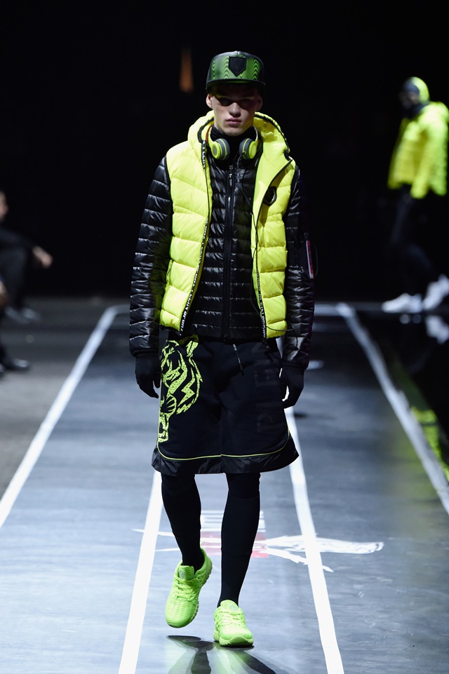 A model walks the runway at the Plein Sport show during Milan Men's Fashion Week Fall/Winter 2017/18 on January 14, 2017 in Milan, Italy.
