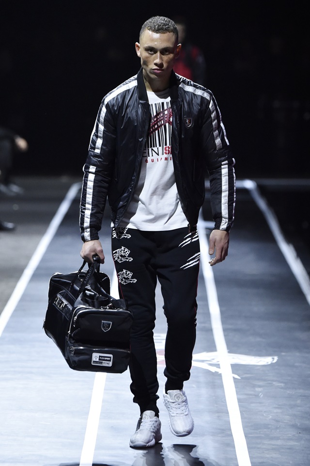 A model walks the runway at the Plein Sport show during Milan Men's Fashion Week Fall/Winter 2017/18 on January 14, 2017 in Milan, Italy.