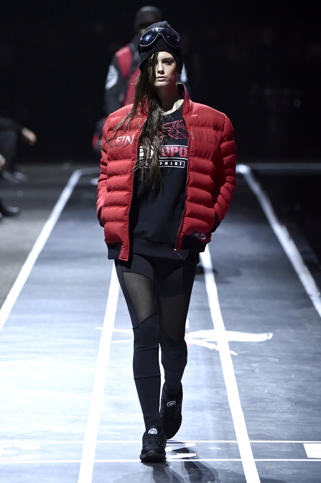 A model walks the runway at the Plein Sport show during Milan Men's Fashion Week Fall/Winter 2017/18 on January 14, 2017 in Milan, Italy.