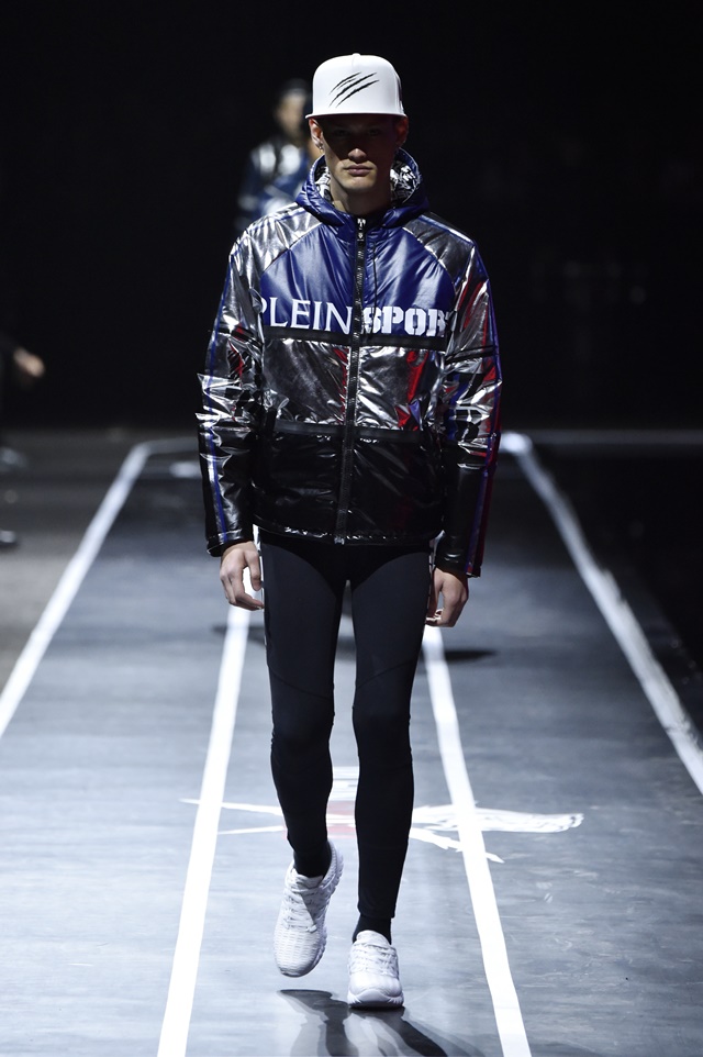 A model walks the runway at the Plein Sport show during Milan Men's Fashion Week Fall/Winter 2017/18 on January 14, 2017 in Milan, Italy.