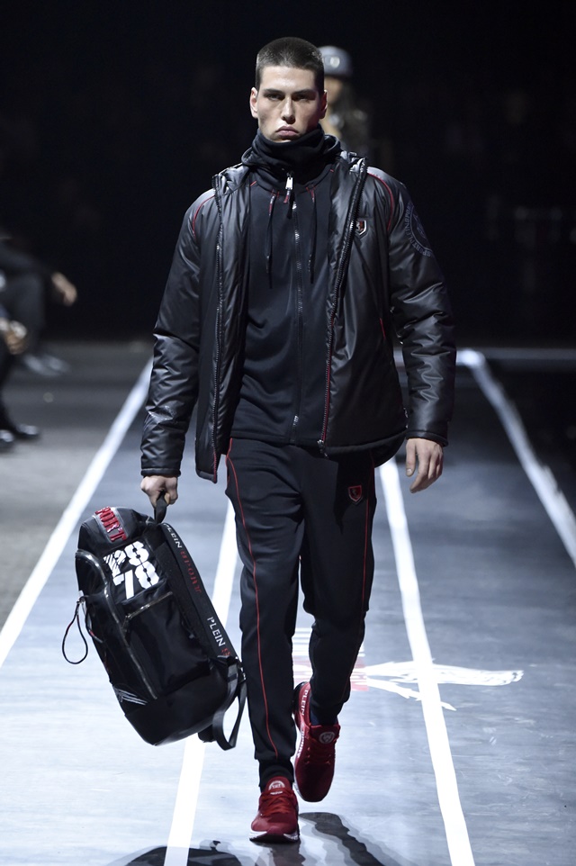 A model walks the runway at the Plein Sport show during Milan Men's Fashion Week Fall/Winter 2017/18 on January 14, 2017 in Milan, Italy.