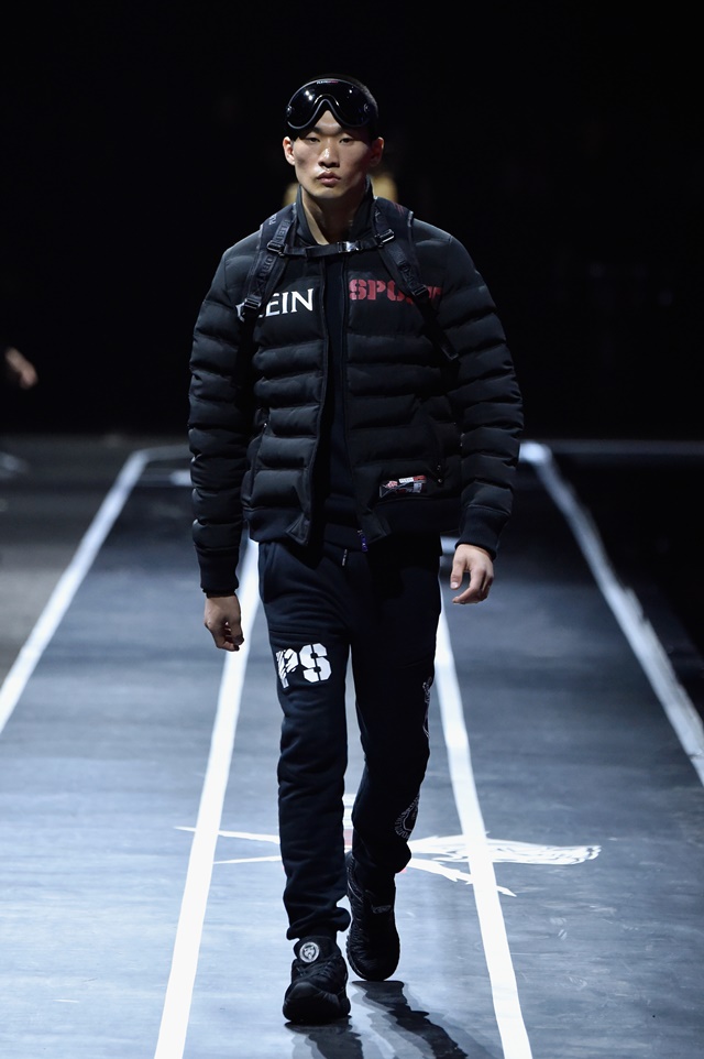 A model walks the runway at the Plein Sport show during Milan Men's Fashion Week Fall/Winter 2017/18 on January 14, 2017 in Milan, Italy.