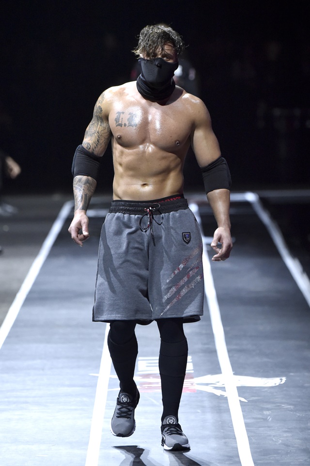 A model walks the runway at the Plein Sport show during Milan Men's Fashion Week Fall/Winter 2017/18 on January 14, 2017 in Milan, Italy.