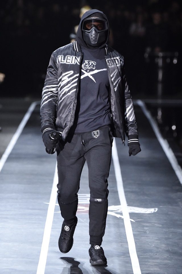 A model walks the runway at the Plein Sport show during Milan Men's Fashion Week Fall/Winter 2017/18 on January 14, 2017 in Milan, Italy.