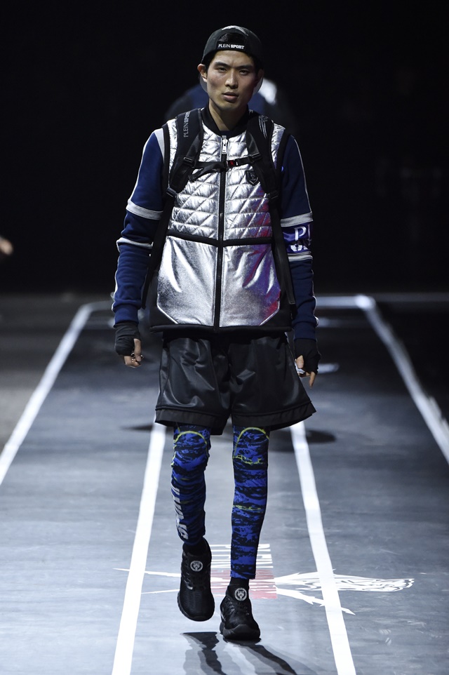 A model walks the runway at the Plein Sport show during Milan Men's Fashion Week Fall/Winter 2017/18 on January 14, 2017 in Milan, Italy.