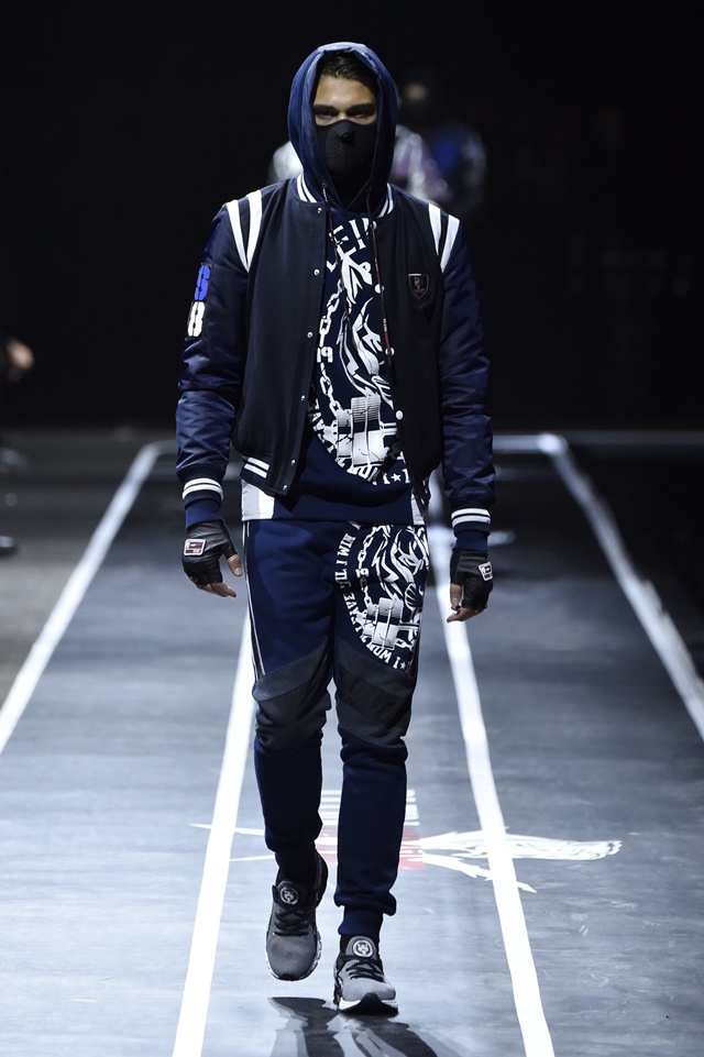 A model walks the runway at the Plein Sport show during Milan Men's Fashion Week Fall/Winter 2017/18 on January 14, 2017 in Milan, Italy.