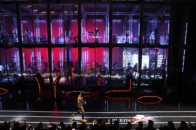 A model walks the runway at the Plein Sport show during Milan Men's Fashion Week Fall/Winter 2017/18 on January 14, 2017 in Milan, Italy.