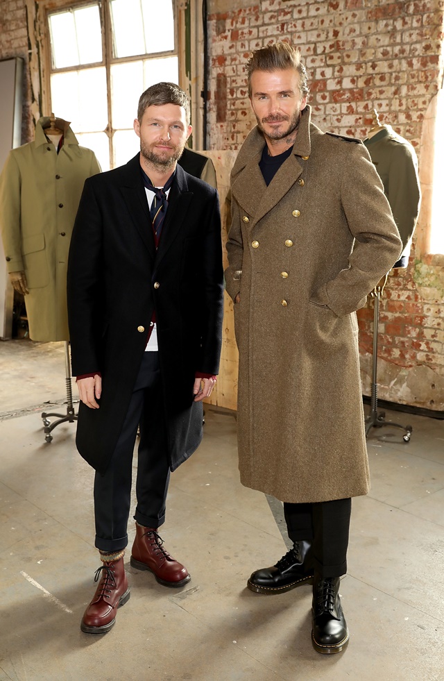 Daniel Kearns and David Beckham at the Kent & Curwen show.