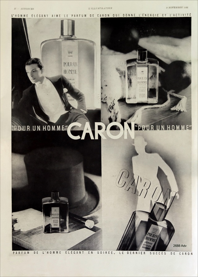 Proof of timelessness of essences: an old advertisement for perfume for men, no credits needed because it is from 1935; the name of this perfume is “For a Man” in French; “elegant at night” it says, it is made for “the elegant man who likes perfume that gives energy and activity”